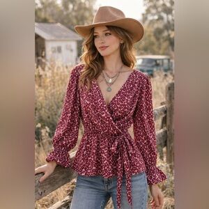 Roper Burgundy Wrap Boho Tie Blouse Size Small